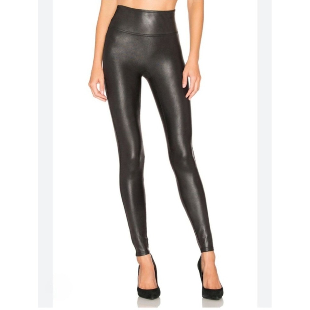 Spanx Faux Leather Leggings Black Seamless High Waisted Shaping 2437 NWT M 158
